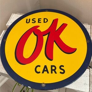 Ok Cars Round Metal Button Sign Iconic Logo on 12" Vintage